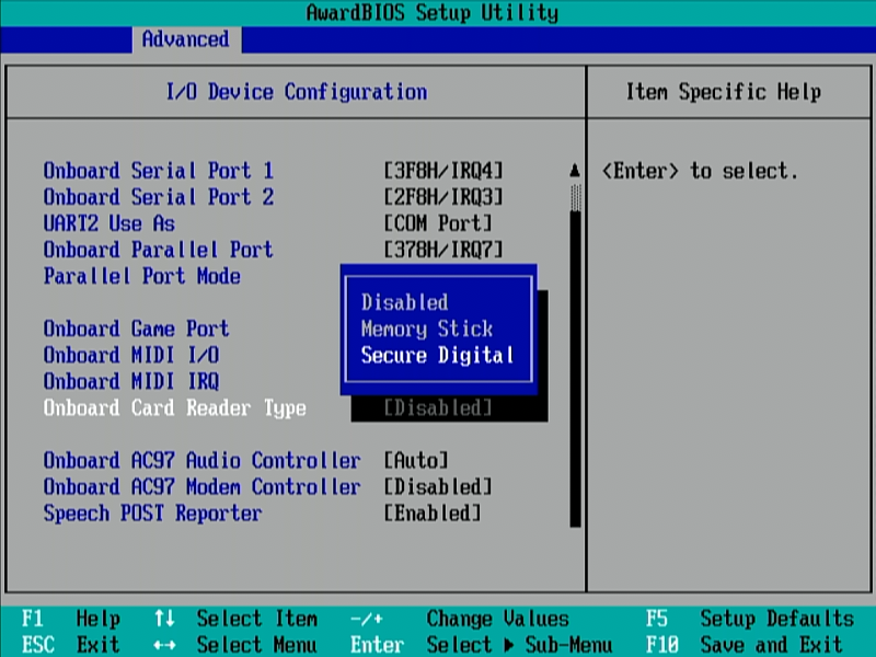 Enabling the card reader on the BIOS